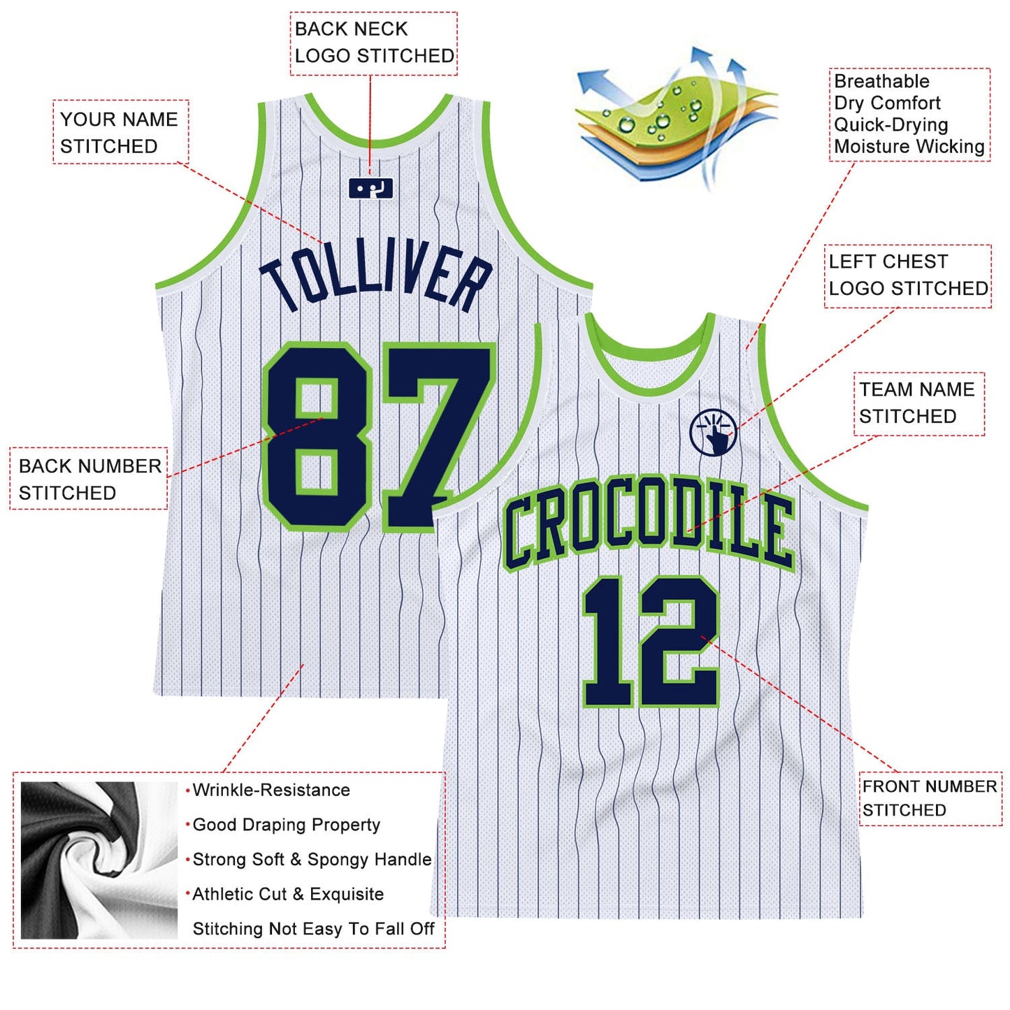 Custom White Navy Pinstripe Navy-Neon Green Authentic Basketball Jersey - Sky-Custom