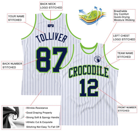 Custom White Navy Pinstripe Navy-Neon Green Authentic Basketball Jersey - Sky-Custom