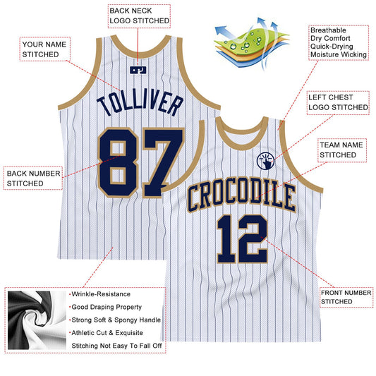 Custom White Navy Pinstripe Navy-Old Gold Authentic Basketball Jersey - Sky-Custom