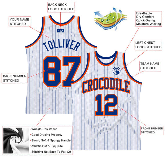 Custom White Royal Pinstripe Royal-Orange Authentic Basketball Jersey - Sky-Custom