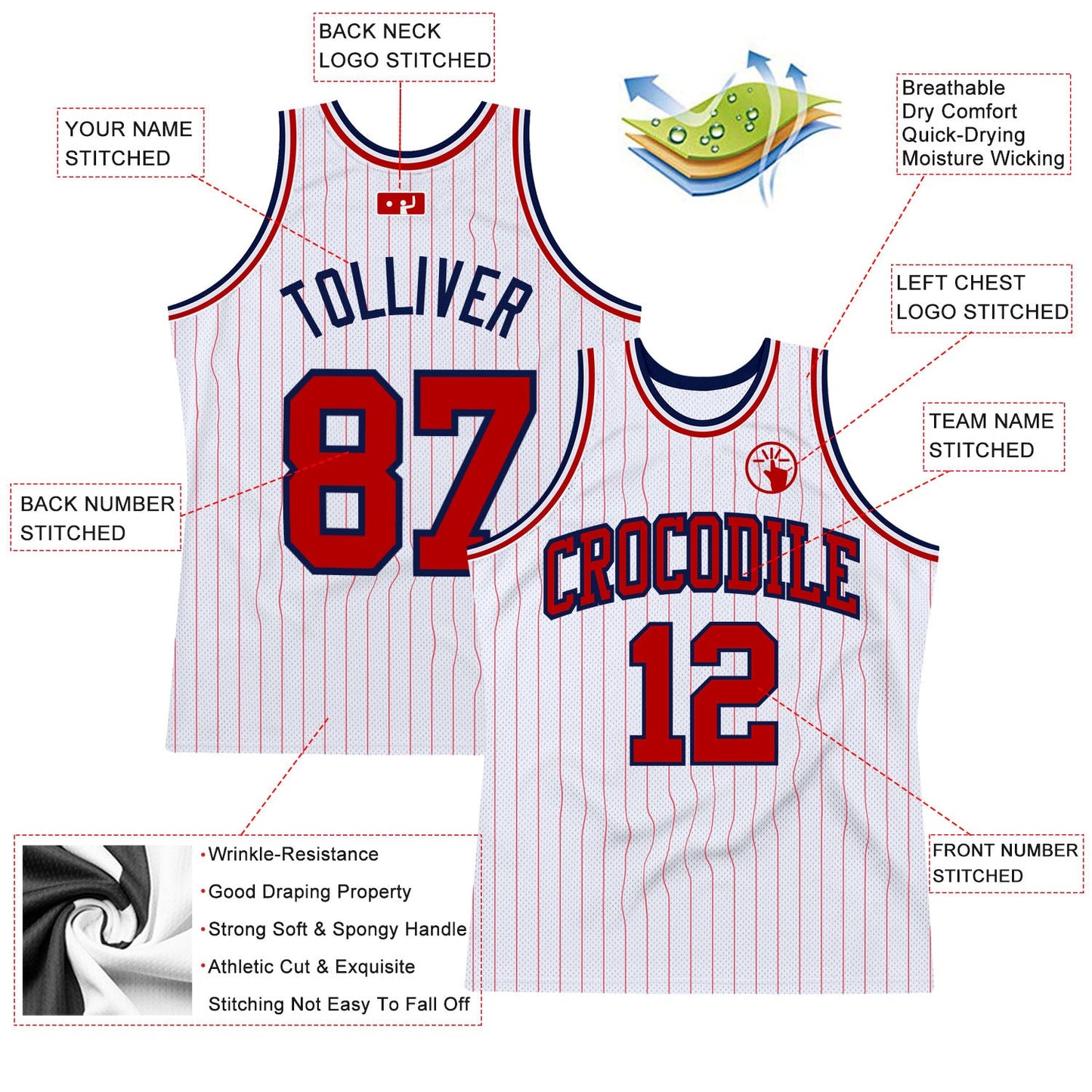 Custom White Red Pinstripe Red-Navy Authentic Basketball Jersey - Sky-Custom