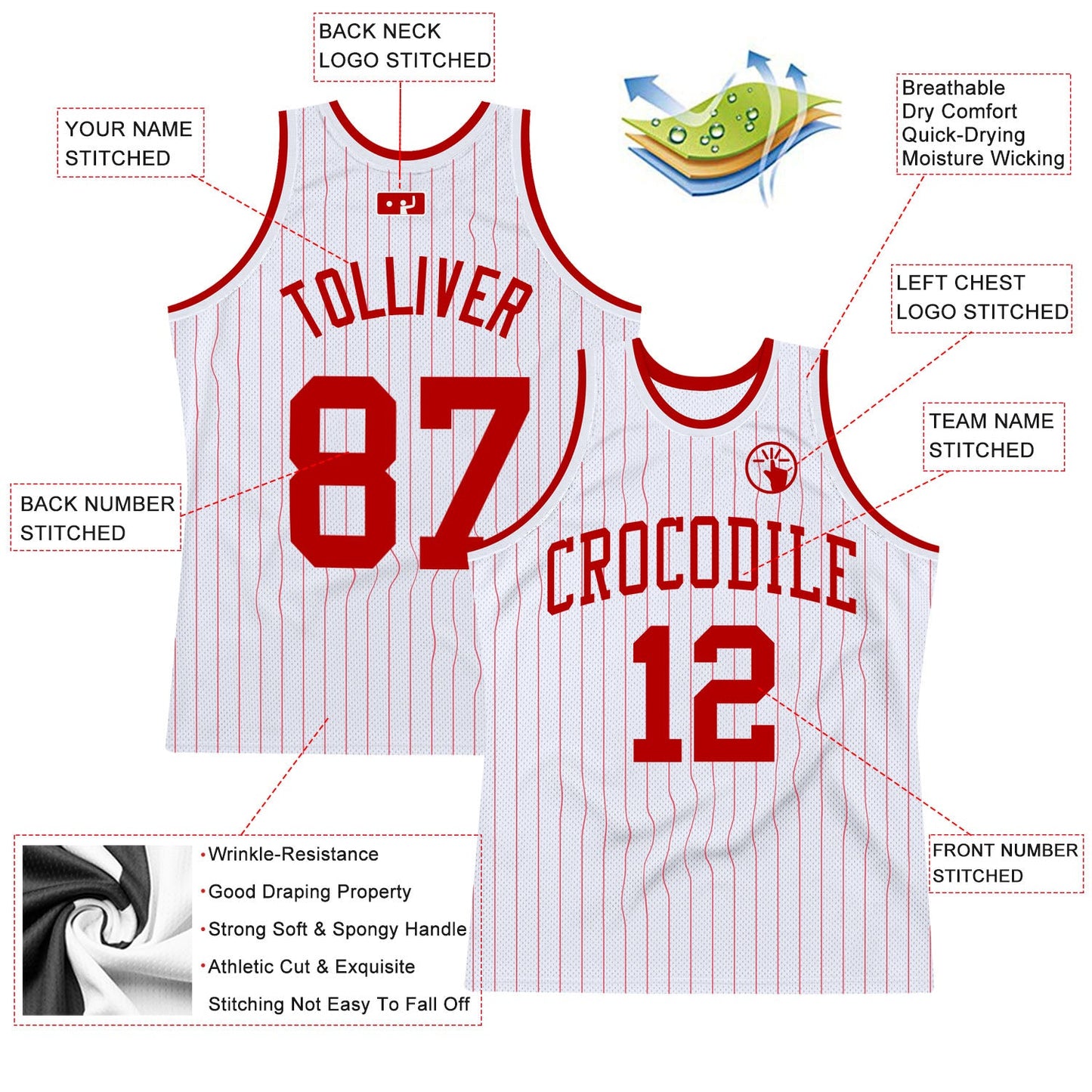 Custom White Red Pinstripe Red Authentic Basketball Jersey - Sky-Custom