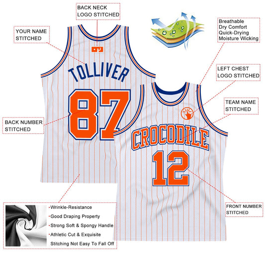 Custom White Orange Pinstripe Orange-Royal Authentic Basketball Jersey - Sky-Custom