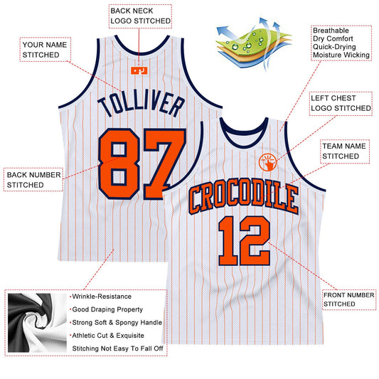 Custom White Orange Pinstripe Orange-Navy Authentic Basketball Jersey - Sky-Custom