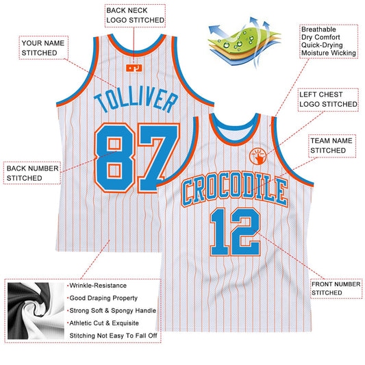 Custom White Orange Pinstripe Blue-Orange Authentic Basketball Jersey - Sky-Custom