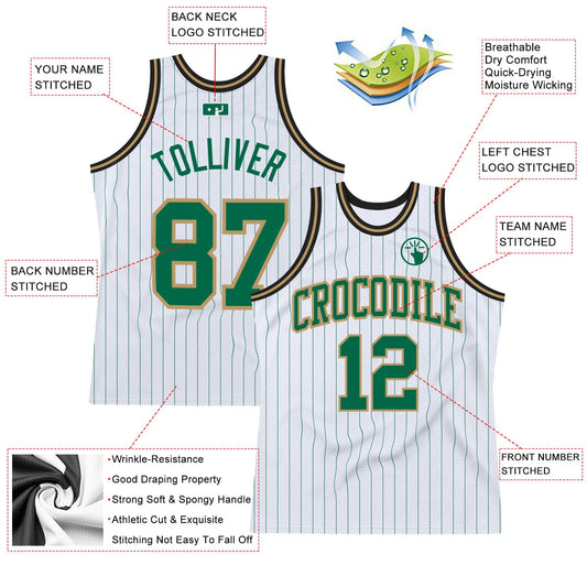 Custom White Kelly Green Pinstripe Kelly Green Old Gold-Black Authentic Basketball Jersey - Sky-Custom