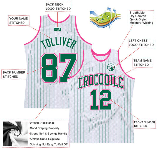 Custom White Kelly Green Pinstripe Kelly Green-Pink Authentic Basketball Jersey - Sky-Custom