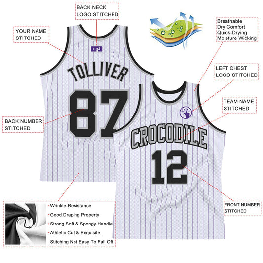 Custom White Purple Pinstripe Black-Gray Authentic Basketball Jersey - Sky-Custom