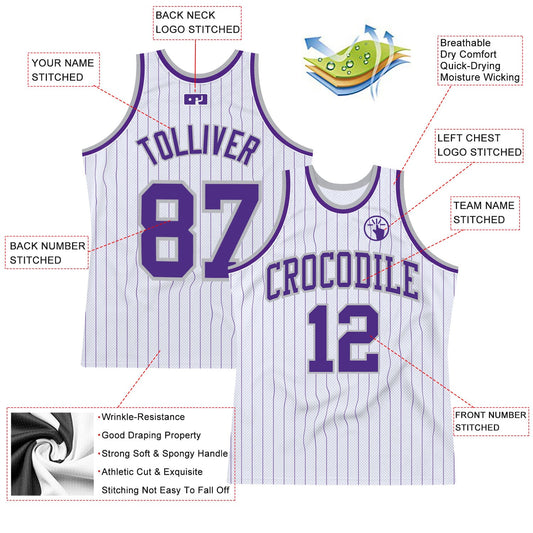 Custom White Purple Pinstripe Purple-Gray Authentic Basketball Jersey - Sky-Custom