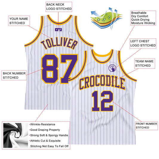 Custom White Purple Pinstripe Purple-Gold Authentic Basketball Jersey - Sky-Custom