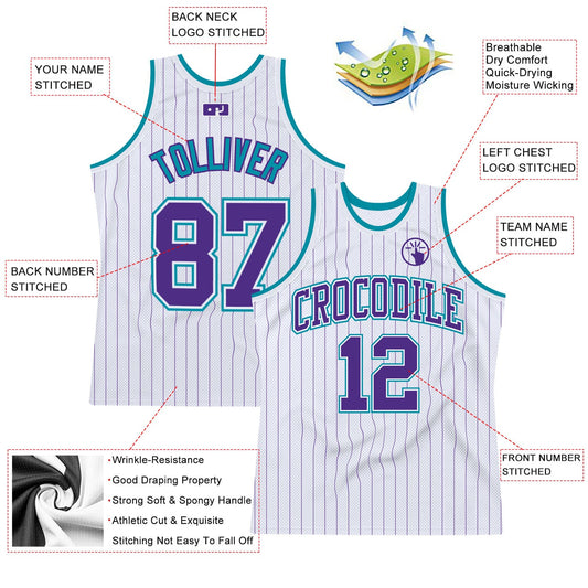 Custom White Purple Pinstripe Purple-Teal Authentic Basketball Jersey - Sky-Custom