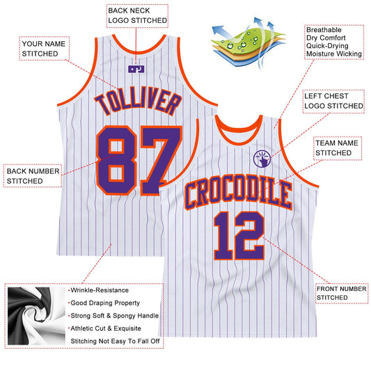 Custom White Purple Pinstripe Purple-Orange Authentic Basketball Jersey - Sky-Custom