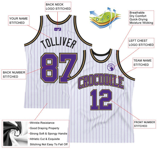 Custom White Purple Pinstripe Purple Old Gold-Black Authentic Basketball Jersey - Sky-Custom
