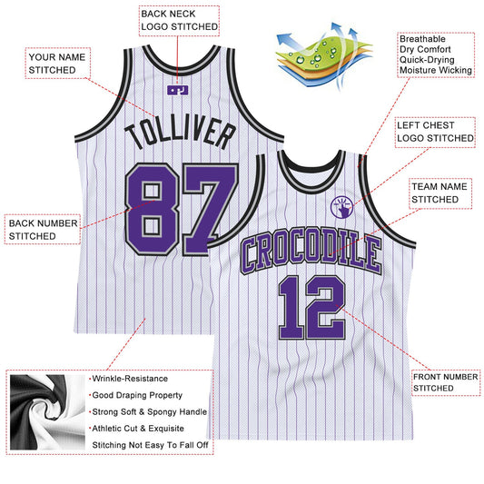 Custom White Purple Pinstripe Purple Gray-Black Authentic Basketball Jersey - Sky-Custom