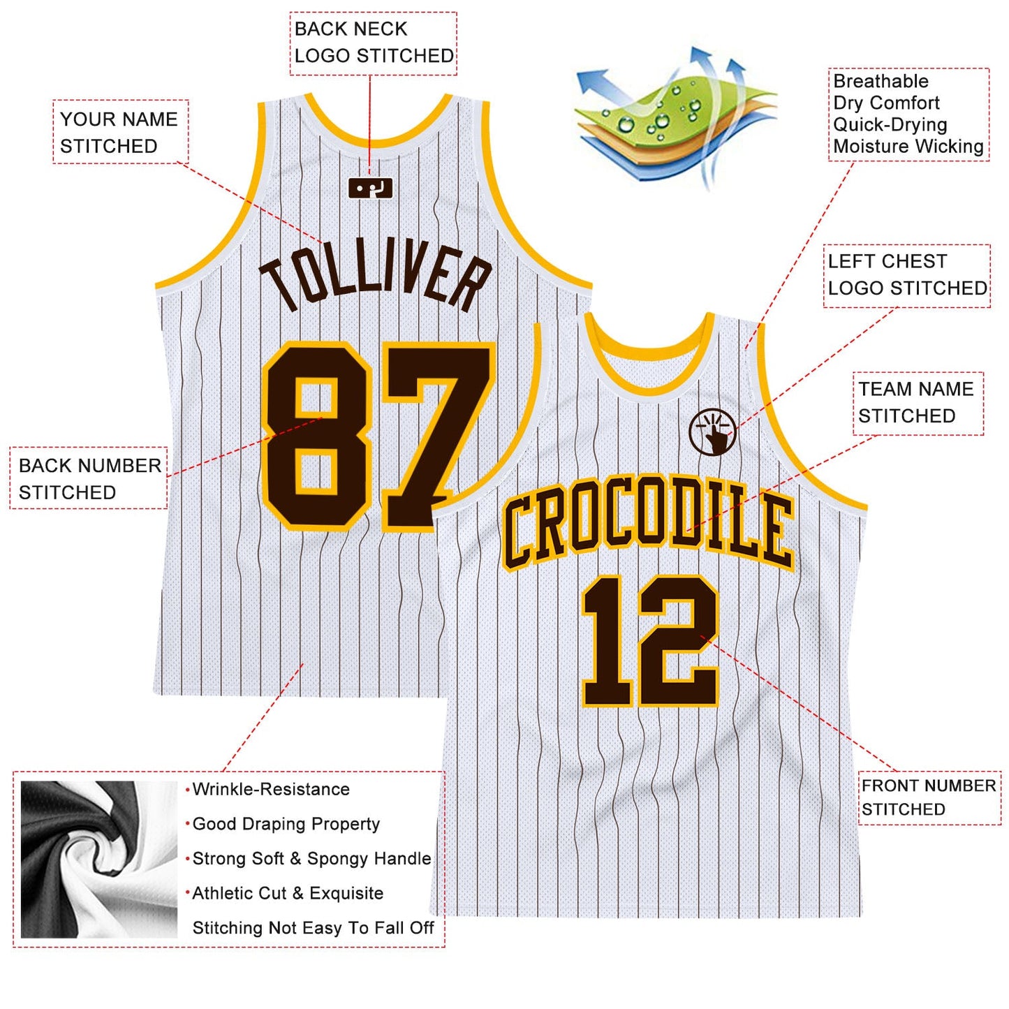 Custom White Brown Pinstripe Brown-Gold Authentic Basketball Jersey - Sky-Custom