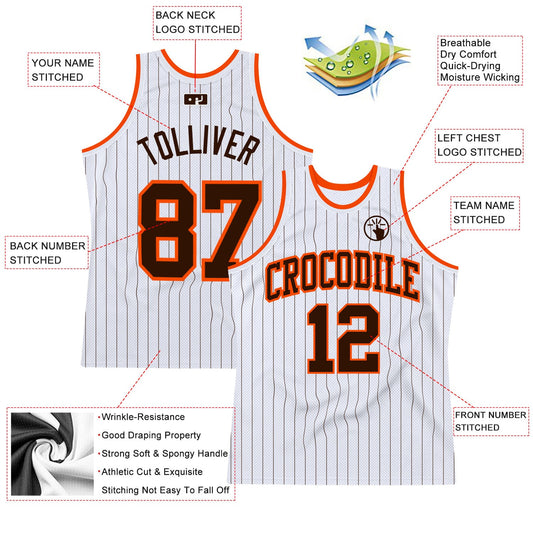Custom White Brown Pinstripe Brown-Orange Authentic Basketball Jersey - Sky-Custom