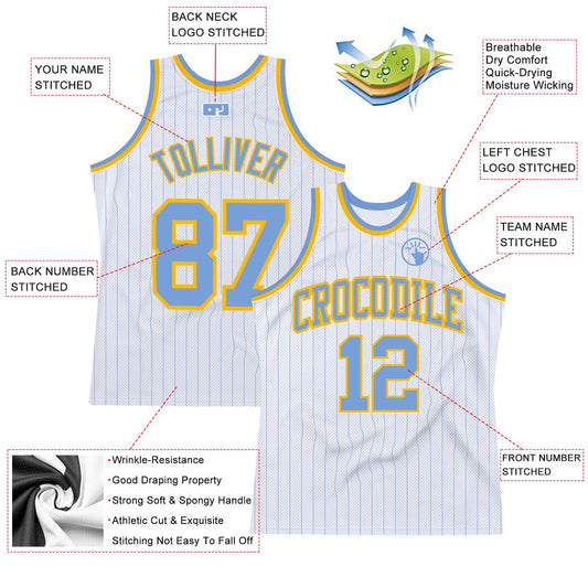 Custom White Light Blue Pinstripe Light Blue-Gold Authentic Basketball Jersey - Sky-Custom