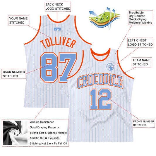 Custom White Light Blue Pinstripe Light Blue-Orange Authentic Basketball Jersey - Sky-Custom
