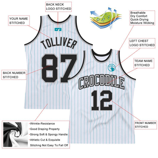Custom White Teal Pinstripe Black-Gray Authentic Basketball Jersey - Sky-Custom
