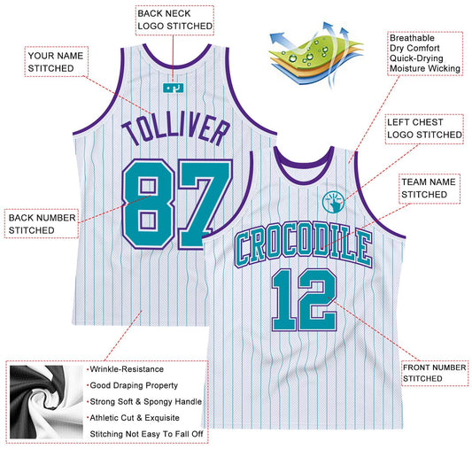 Custom White Teal Pinstripe Teal-Purple Authentic Basketball Jersey - Sky-Custom