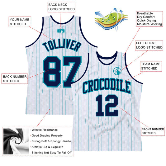 Custom White Teal Pinstripe Navy Authentic Basketball Jersey - Sky-Custom