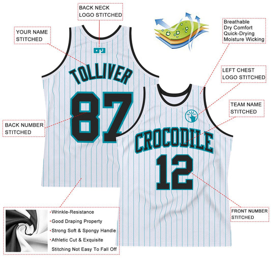 Custom White Teal Pinstripe Black Authentic Basketball Jersey - Sky-Custom