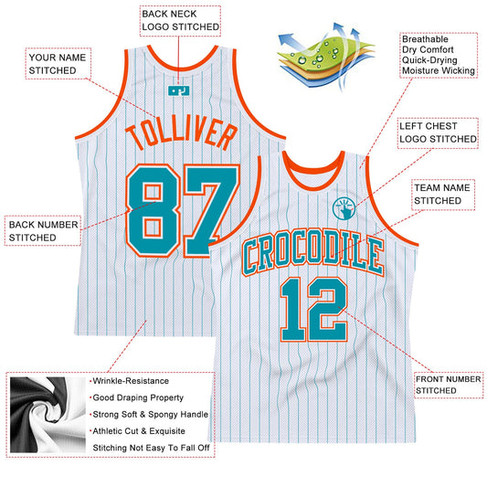 Custom White Teal Pinstripe Teal-Orange Authentic Basketball Jersey - Sky-Custom
