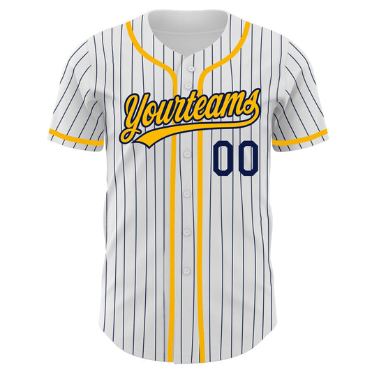Custom White Navy Pinstripe Gold Authentic Baseball Jersey - Sky-Custom
