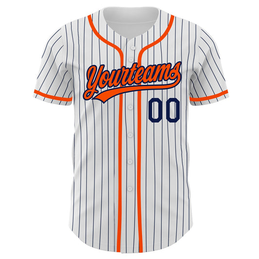 Custom White Navy Pinstripe Orange Authentic Baseball Jersey - Sky-Custom