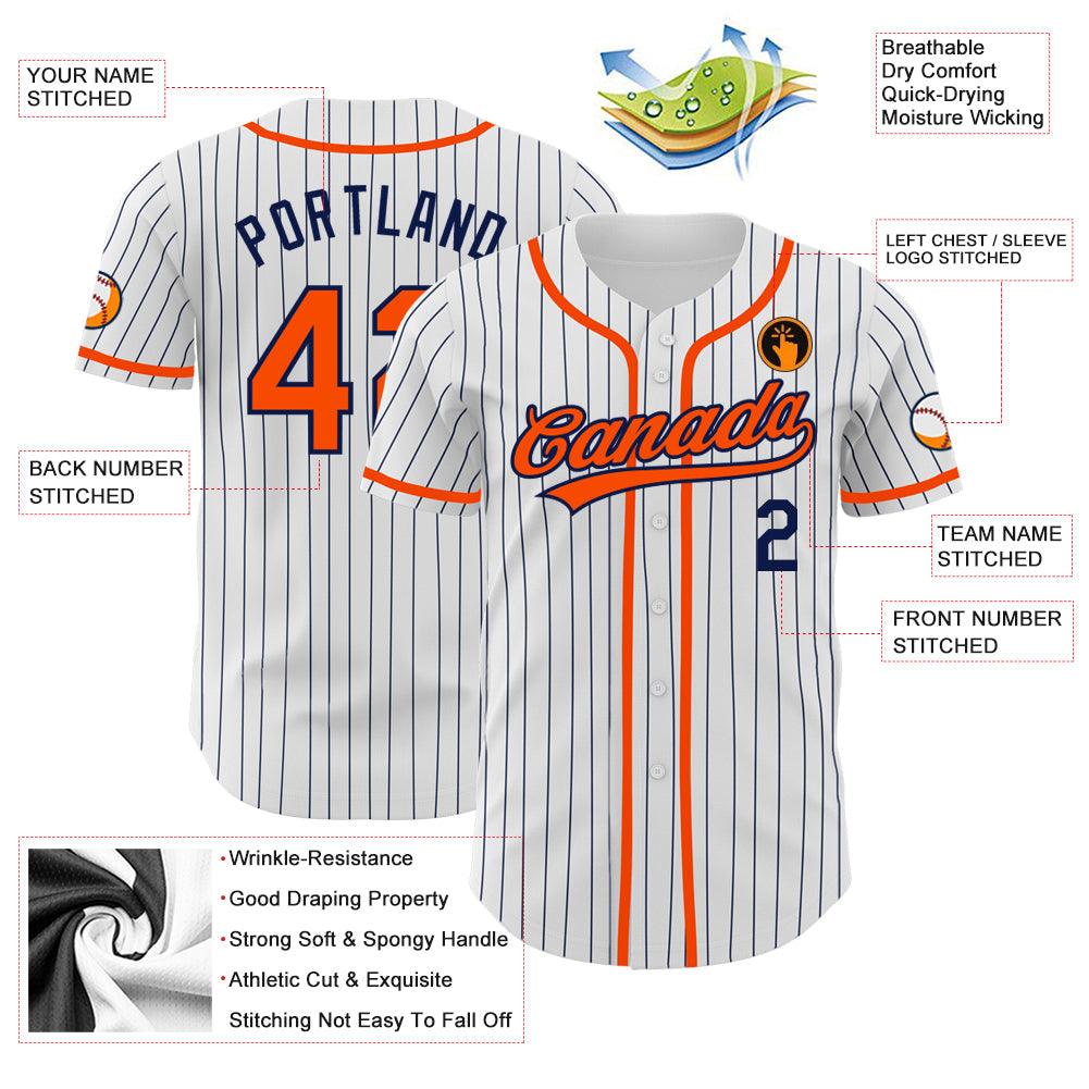 Custom White Navy Pinstripe Orange Authentic Baseball Jersey - Sky-Custom