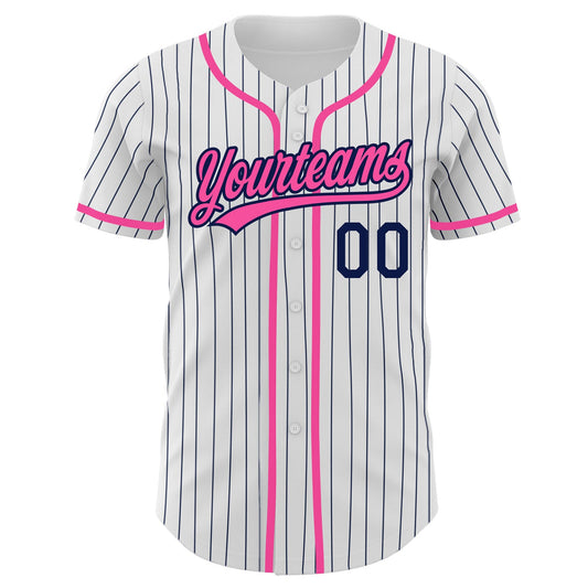 Custom White Navy Pinstripe Pink Authentic Baseball Jersey - Sky-Custom