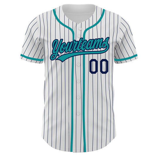 Custom White Navy Pinstripe Teal Authentic Baseball Jersey - Sky-Custom