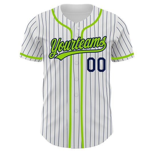 Custom White Navy Pinstripe Neon Green Authentic Baseball Jersey - Sky-Custom