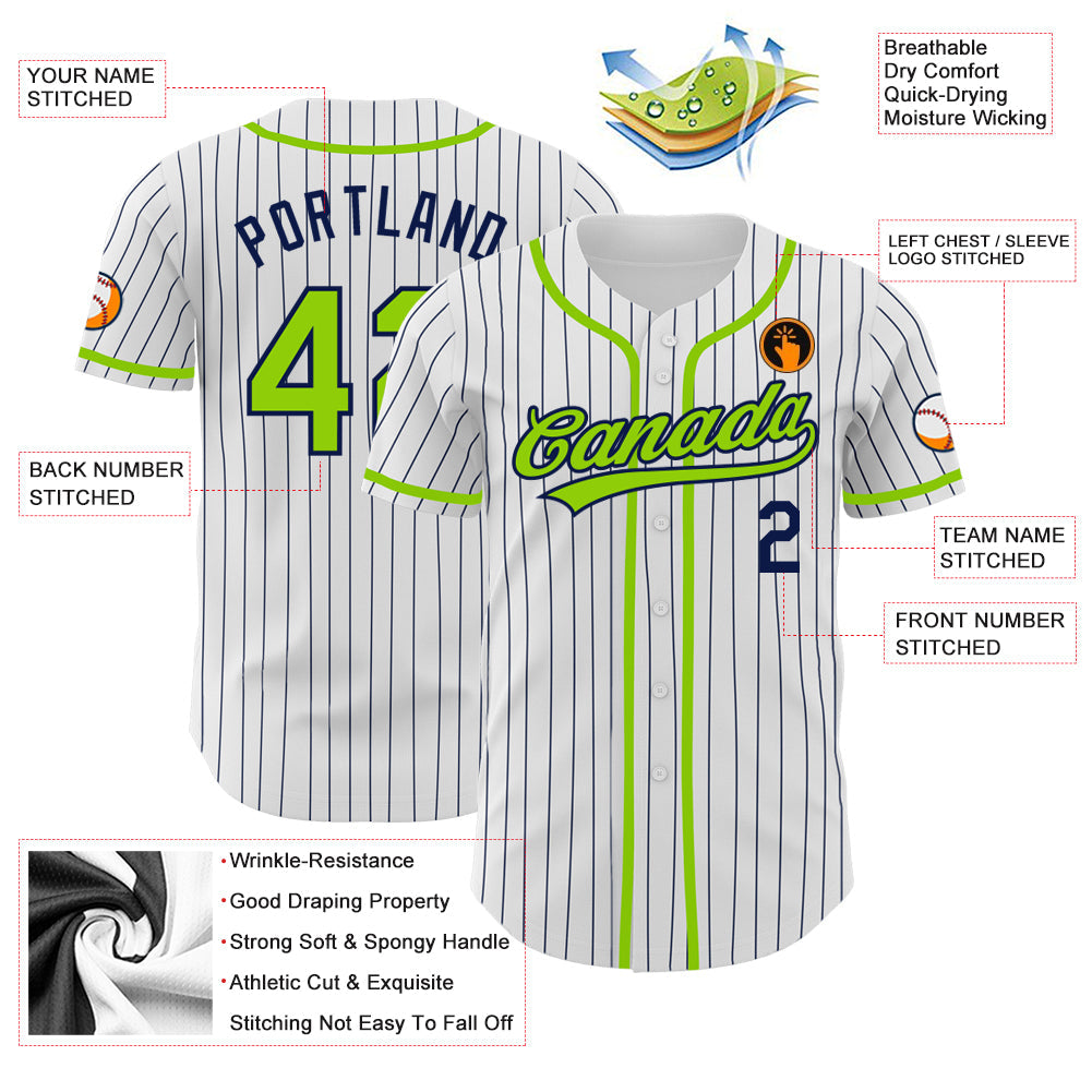 Custom White Navy Pinstripe Neon Green Authentic Baseball Jersey - Sky-Custom