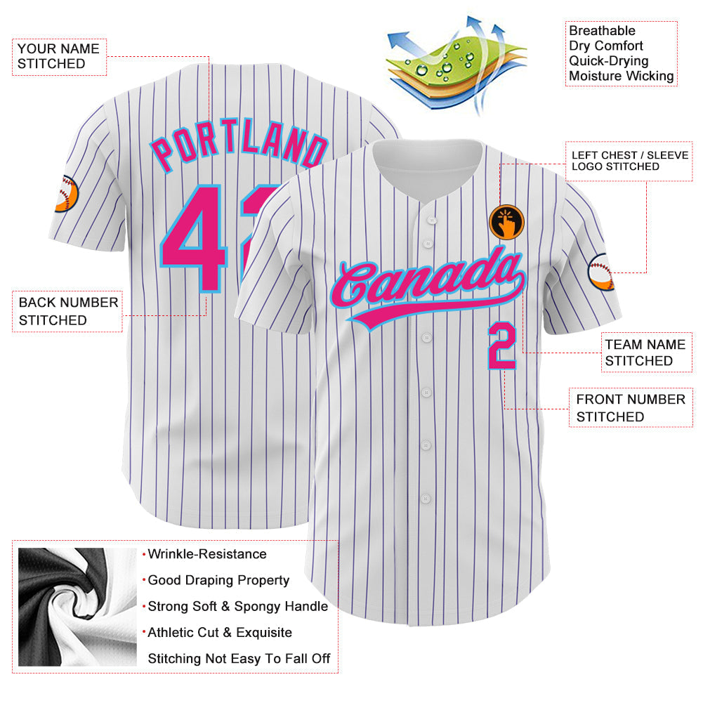 Custom White Purple Pinstripe Hot Pink-Sky Blue Authentic Baseball Jersey - Sky-Custom
