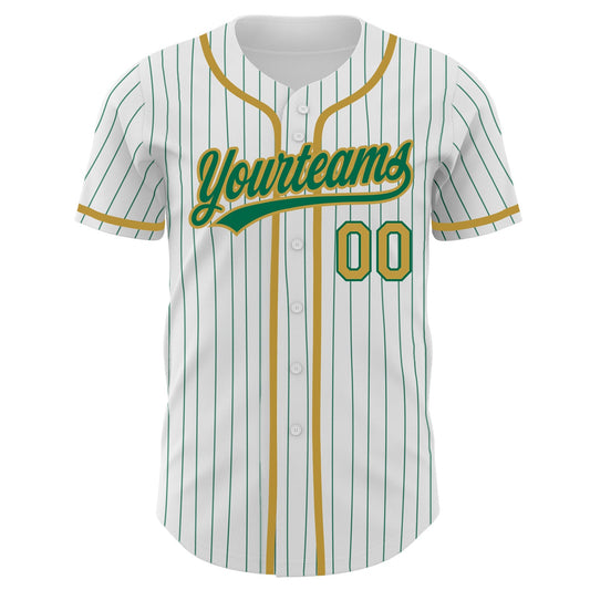 Custom White Kelly Green Pinstripe Old Gold Authentic Baseball Jersey - Sky-Custom