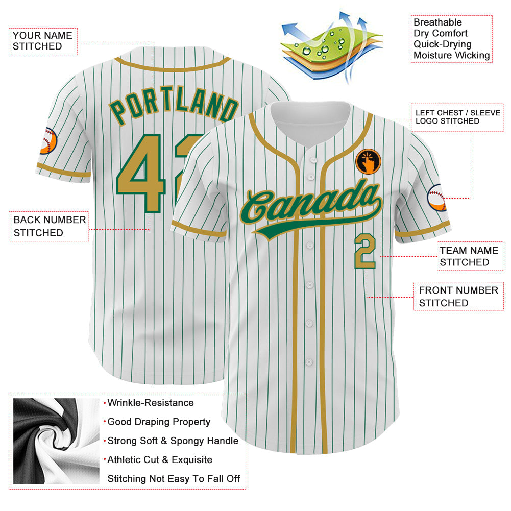 Custom White Kelly Green Pinstripe Old Gold Authentic Baseball Jersey - Sky-Custom