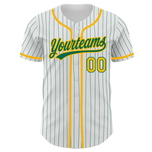 Custom White Kelly Green Pinstripe Gold Authentic Baseball Jersey - Sky-Custom