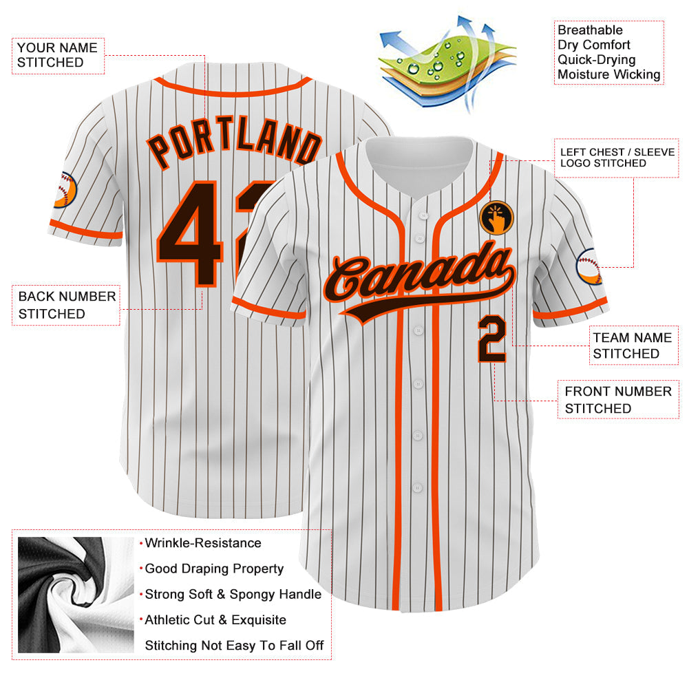 Custom White Brown Pinstripe Brown-Orange Authentic Baseball Jersey - Sky-Custom