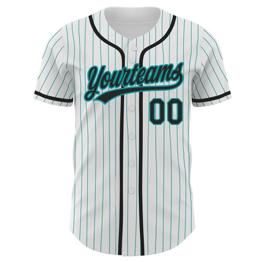Custom White Teal Pinstripe Black Authentic Baseball Jersey - Sky-Custom
