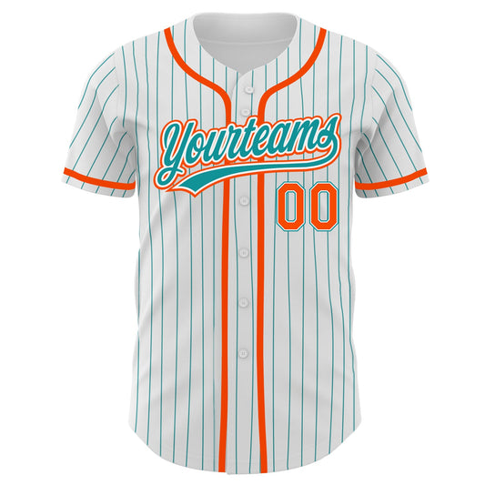 Custom White Teal Pinstripe Teal-Orange Authentic Baseball Jersey - Sky-Custom