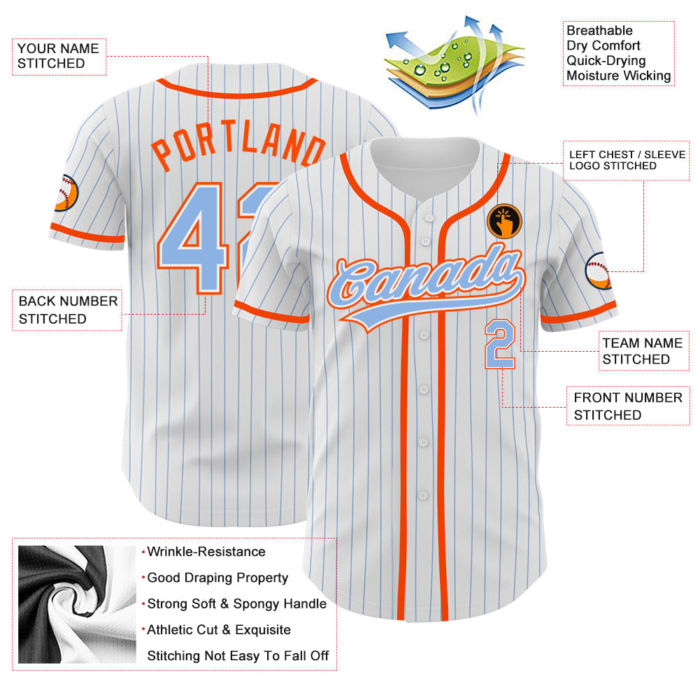Custom White Light Blue Pinstripe Light Blue-Orange Authentic Baseball Jersey - Sky-Custom