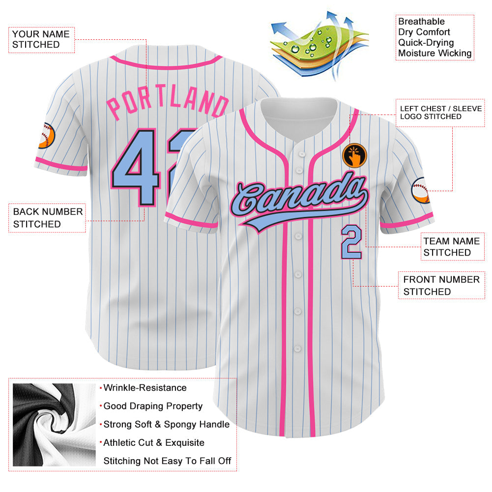 Custom White Light Blue Pinstripe Light Blue Black-Pink Authentic Baseball Jersey - Sky-Custom