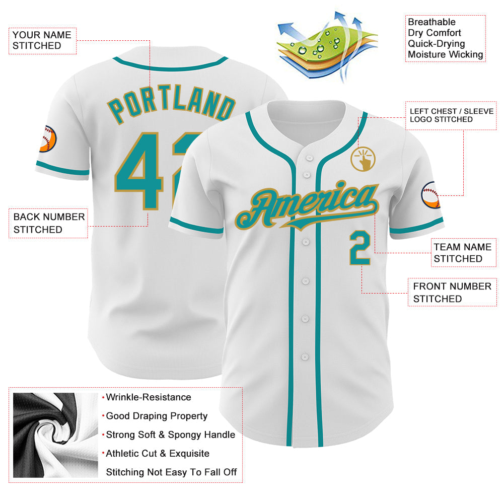 Custom White Teal-Old Gold Authentic Baseball Jersey - Sky-Custom