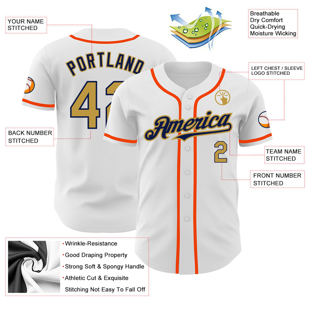 Custom White Old Gold Navy-Orange Authentic Baseball Jersey - Sky-Custom