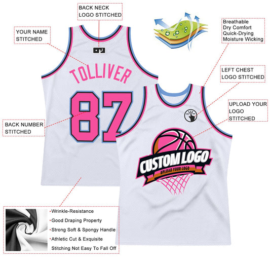 Custom White Pink Black-Light Blue Authentic Throwback Basketball Jersey - Sky-Custom