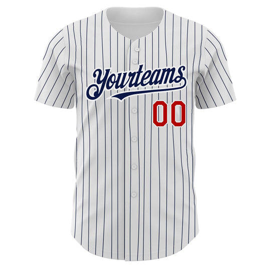 Custom White Navy Pinstripe Red Authentic Baseball Jersey - Sky-Custom