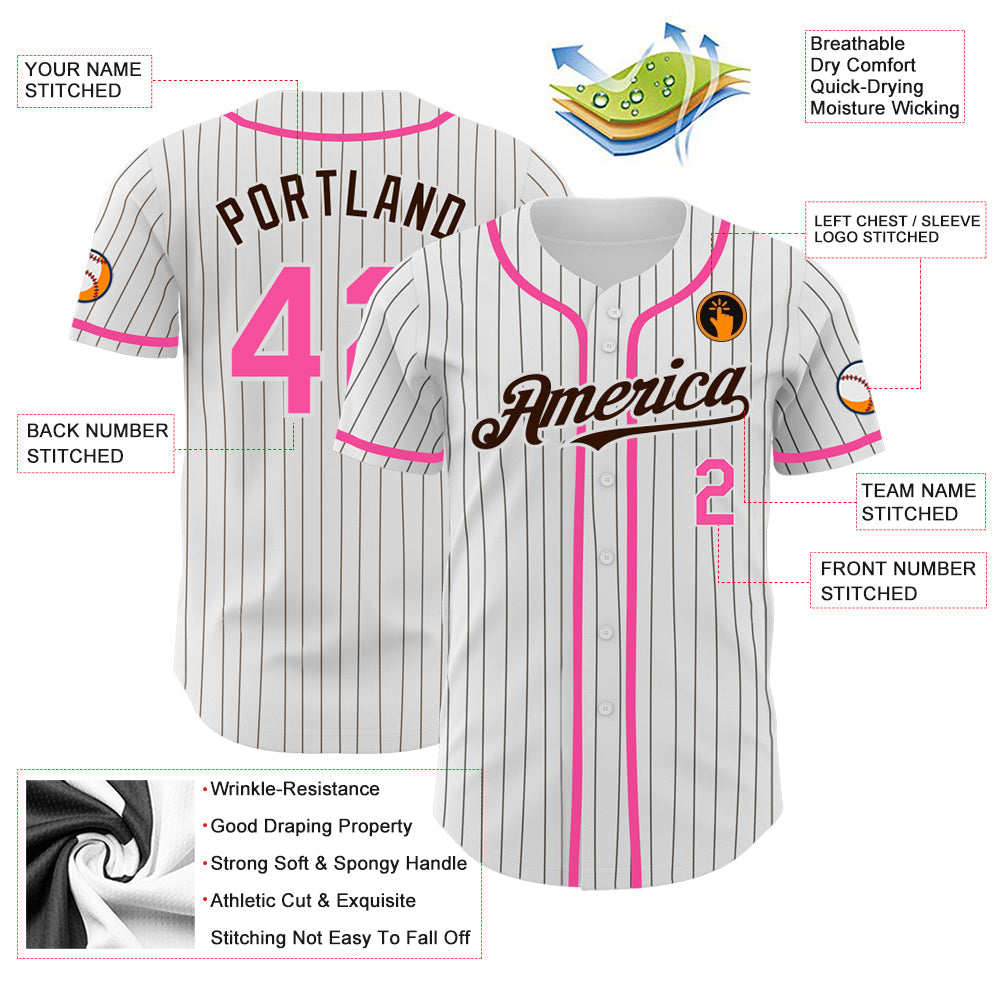 Custom White Brown Pinstripe Pink Authentic Baseball Jersey - Sky-Custom