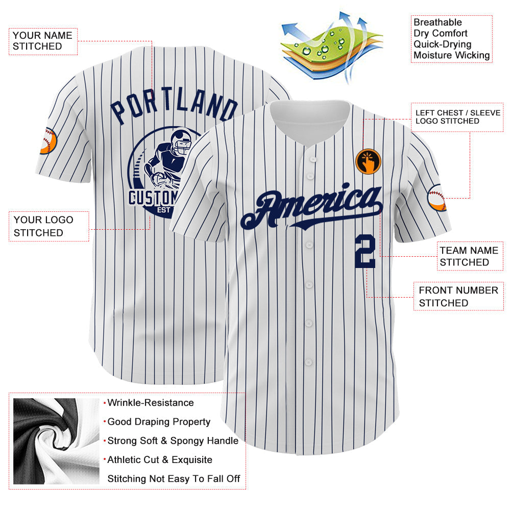 Custom White Navy Pinstripe Navy Authentic Baseball Jersey - Sky-Custom