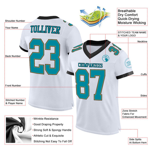 Custom White Teal Old Gold-Black Mesh Authentic Football Jersey - Sky-Custom